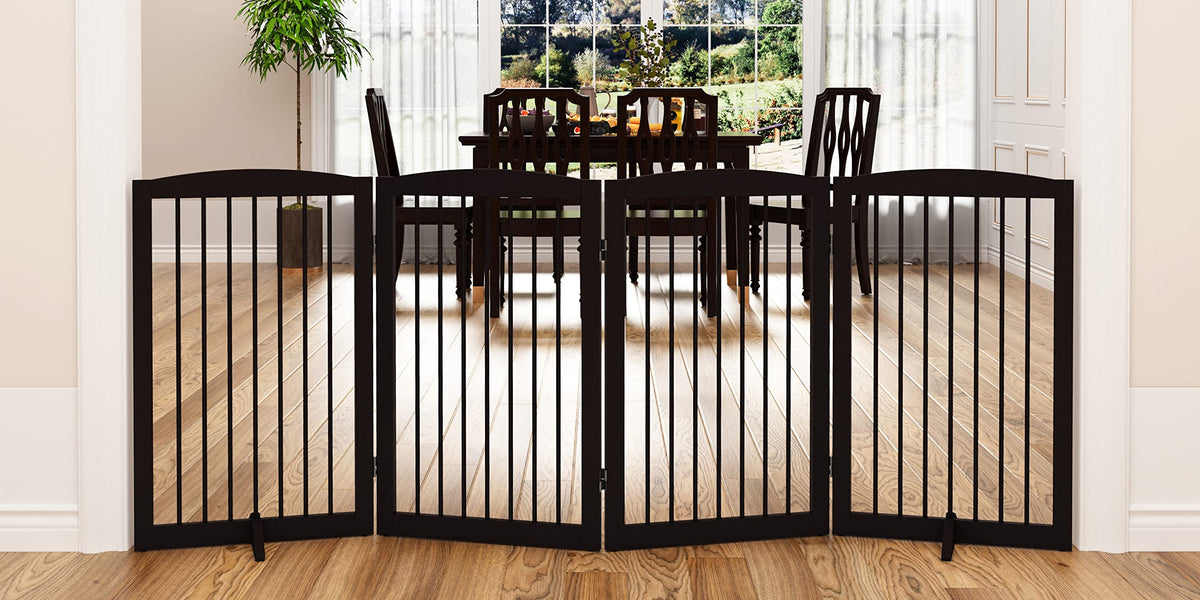PUPETPO Freestanding Pet Gate for Dogs, Foldable Wooden Dog Gate for House, Indoor Pet Barrier for Stairs, Doorways, Support Feet Included, 24" Height 2 Panels, White