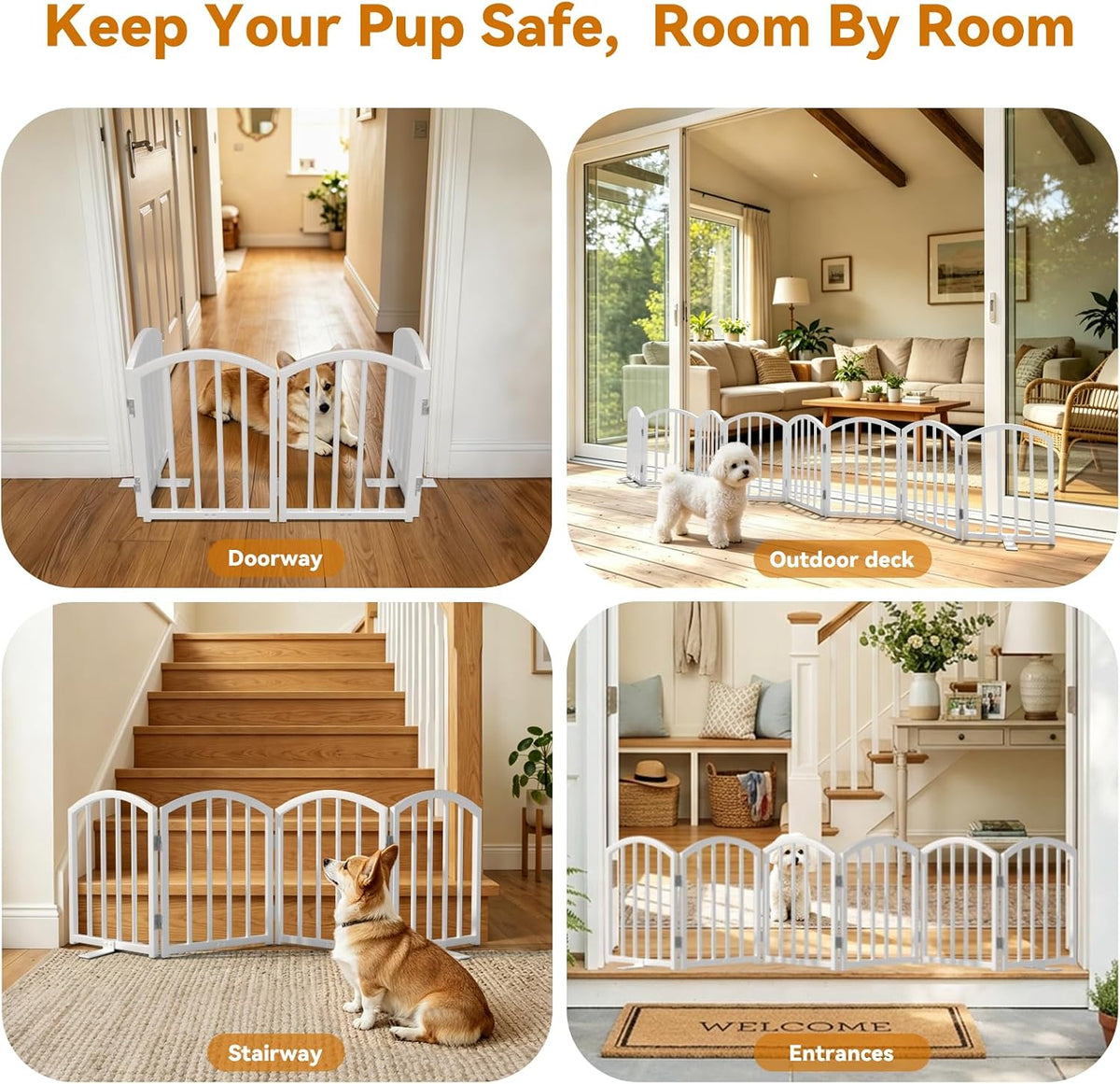 SNUOWU 16 Inch Full Metal Freestanding Short Dog Gate for Small Dogs, Foldable 4-Panel Pet Barrier, Expands Up to 48" Wide, Indoor Safety Fence for Doorway, Home & Stairs, White