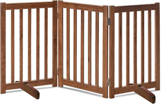 LZRS Wooden Free Standing Dog Gate 60" W x 30" H, Foldable Solid Hardwood Pet Safety Fence for House Doorways, Stairs, Hallways, Step-Over Pet Barrier, No Drill Easy Setup, Oak