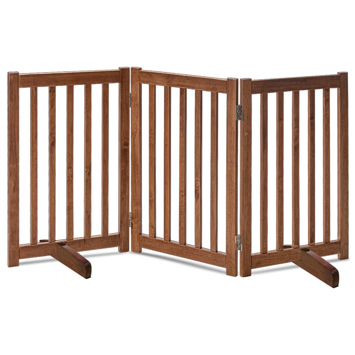 LZRS Wooden Free Standing Dog Gate 40" W x 24" H, Foldable Solid Hardwood Pet Safety Fence for House Doorways, Stairs, Hallways, Step-Over Pet Barrier, No Drill Easy Setup, Brown Oak