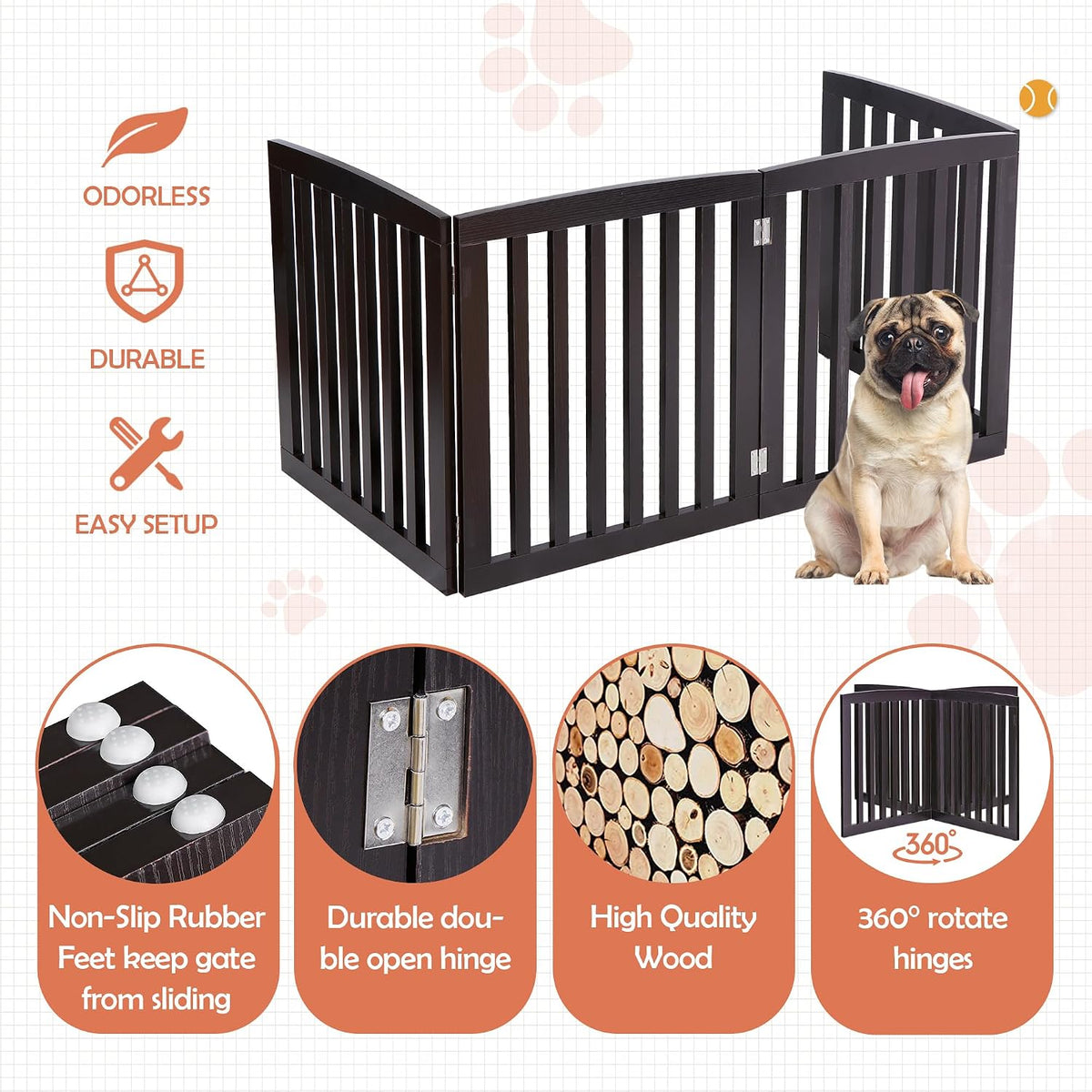 Dog Gate Pet Gate Indoor for Stairs Doorways 82x24 Inch 4 Panels Dog Fence Extra Wide Wooden Black
