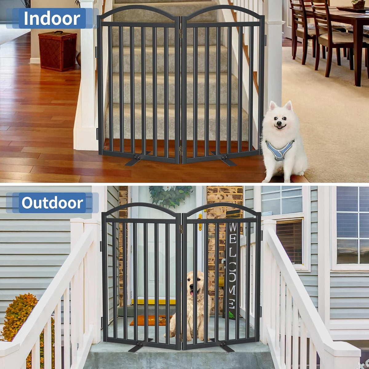 Malier Metal Freestanding Dog Gates, Outdoor Indoor Dog Fences, Extra Wide Foldable Puppy Gate for Stairs, Hallways, Yard