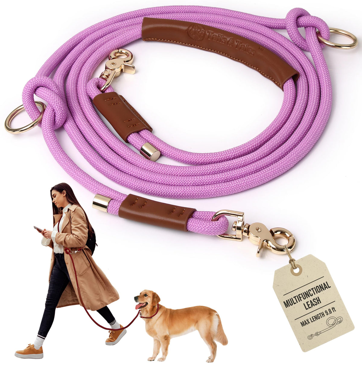 Hands Free Multifunctional Dog Leash for 1 or 2 Dogs, 9.8 ft, Tapestry Blue