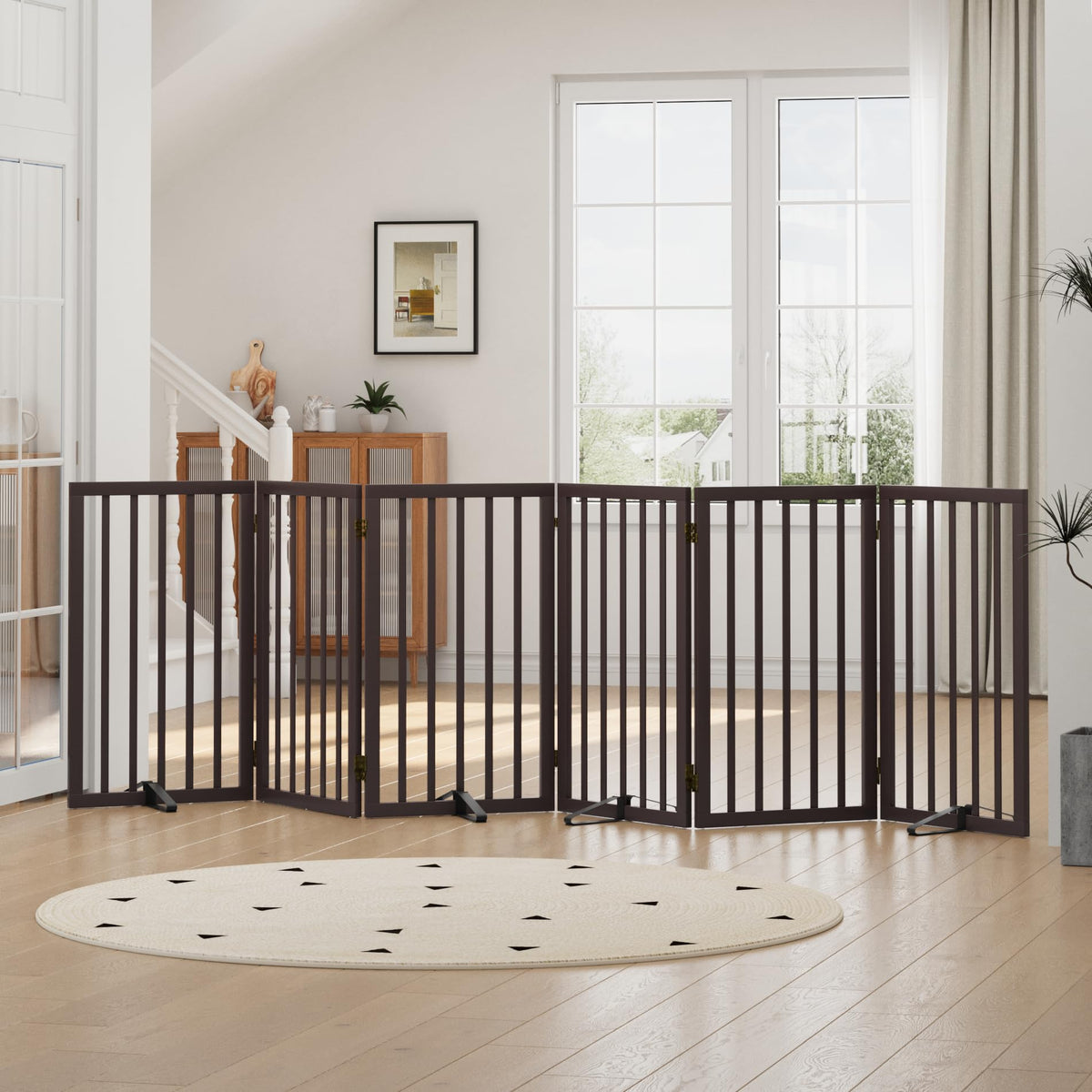 Dog Gates for Doorways, Tall Dog Gate Indoor, Foldable Pet Gates for Doorways Bedroom, Freestanding Puppy Gate with Metal Support Feet, Room Divider,3 Panels (Walnut)