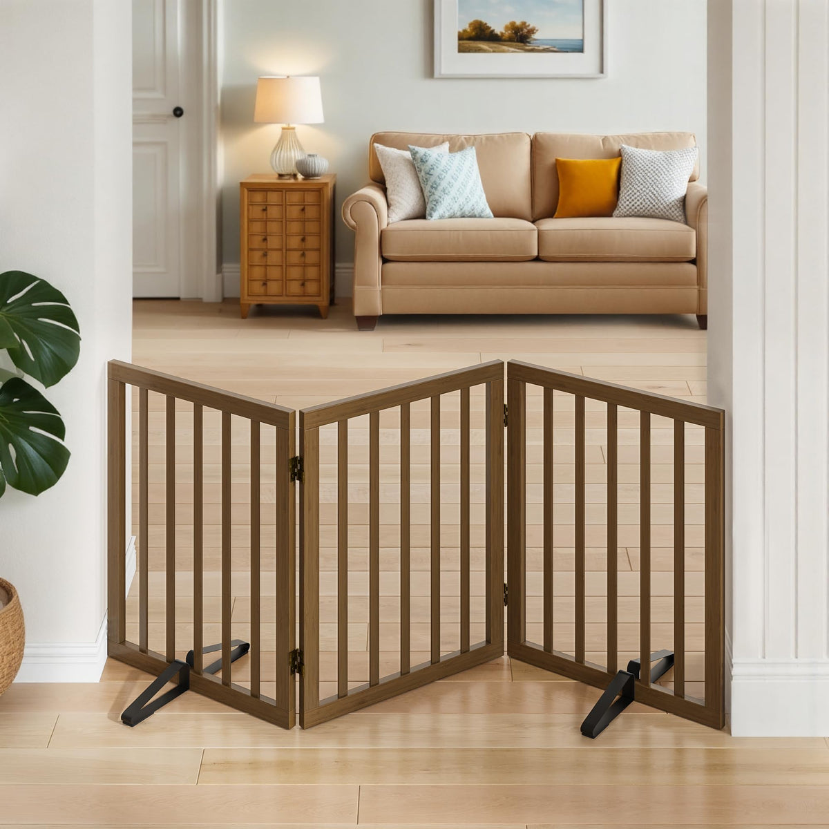 Freestanding Pet Gate Foldable 4 Panel Dog Gate Walnut Dog Gates for Stair Doorways House Indoor (2 Support Feet Included)