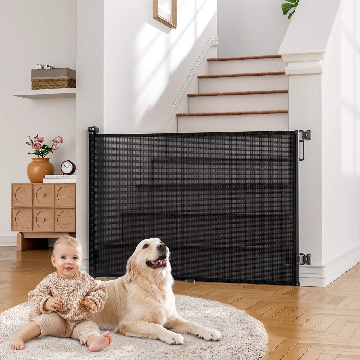 Retractable Baby Gate for Stairs, Dog Gate Indoor 55" Wide × 34" Tall Gray.