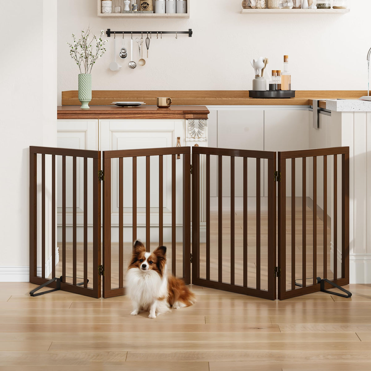 Freestanding Pet Gate Foldable Dog Gate (55 inches Wide) Walnut Bamboo Dog Gates for Stairs Doorways House (2 Support Feet Included)