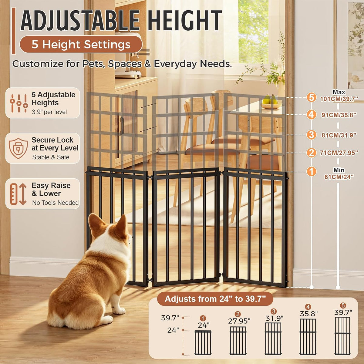 24~39.7" Adjustable Height Freestanding Dog Gate for Stairs 3-Panel Pet Gate for Stairs, Dog Fence Chewproof Steel Frame Baby Gate for Indoor Doorways, House, Porch, Deck, Yard (Black)