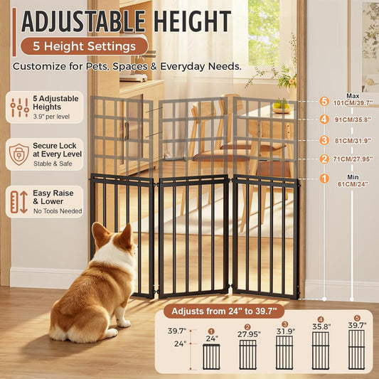 24~39.7" Adjustable Height Freestanding Dog Gate for Stairs 3-Panel Pet Gate for Stairs, Dog Fence Chewproof Steel Frame Baby Gate for Indoor Doorways, House, Porch, Deck, Yard (Black)