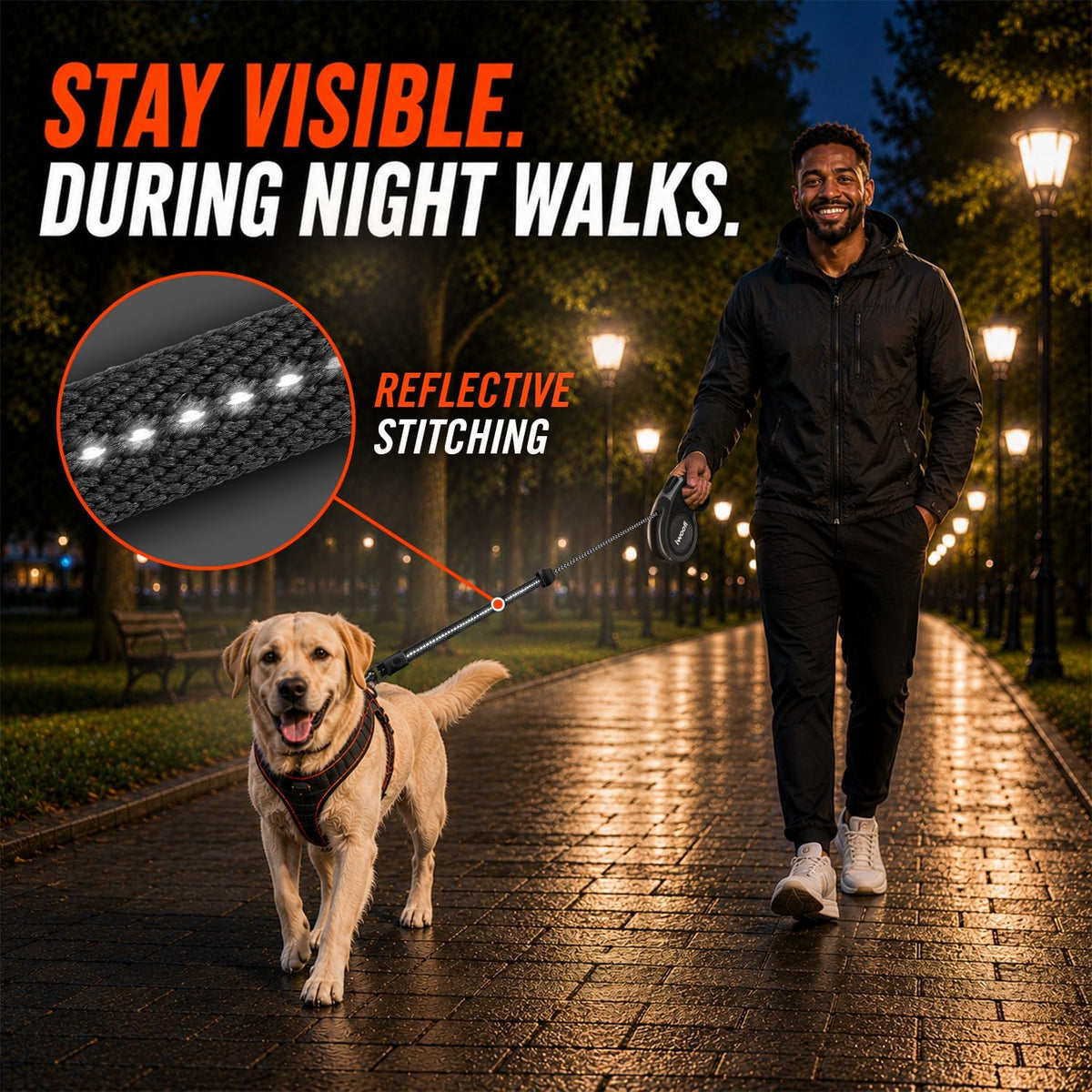 22.6 FT Retractable Dog Leash for Dogs 5-110 lbs–Reflective Leash with Reinforced Tape & Strong Cord–Quick Lock Button–360° Swivel System–Stainless Steel Spring–Comfortable Anti-Slip Handle BK