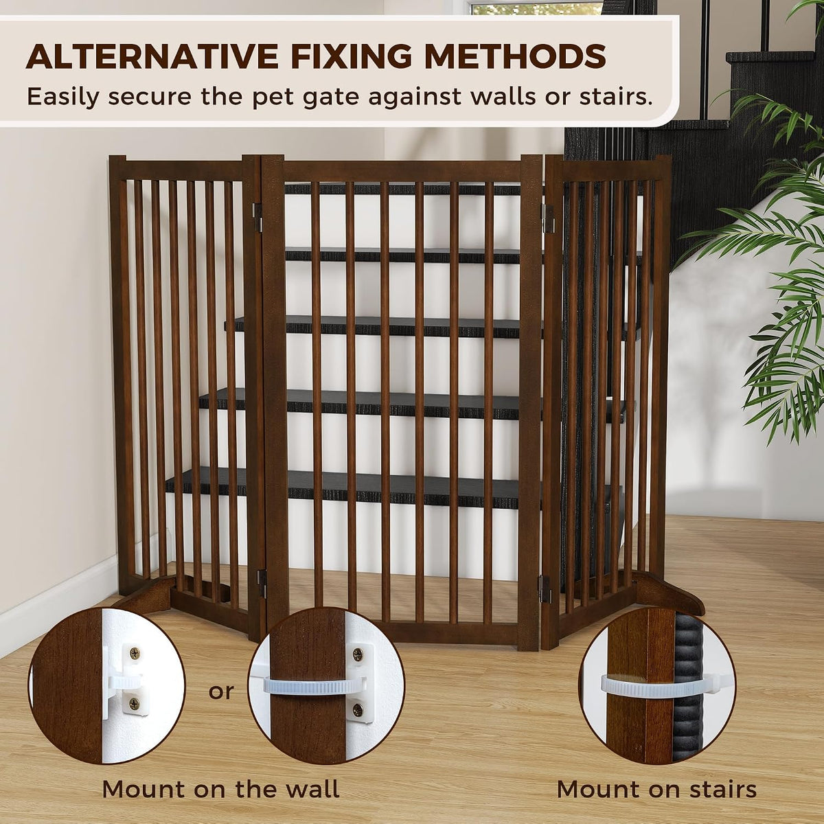 36" H Freestanding Dog Gate, Solid Wood Foldable Pet Gate with Support Feet, Wooden Tall Dog Gate for Doorway, Stairs & Indoor Use, 60" Wide Expandable Pet Fence, 3 Panels, Walnut