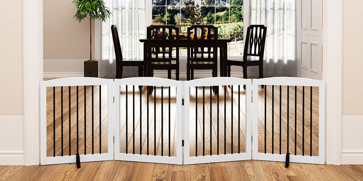 PUPETPO Freestanding Pet Gate for Dogs, Foldable Wooden Dog Gate for House, Indoor Pet Barrier for Stairs, Doorways, Support Feet Included, 24" Height 2 Panels, White