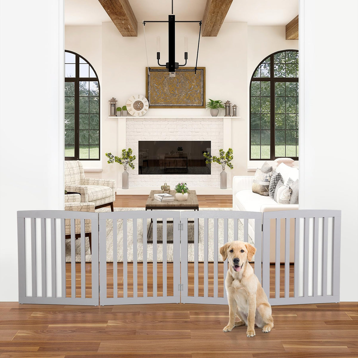 Dog Gate Pet Gate Indoor for Stairs Doorways 82x24 Inch 4 Panels Dog Fence Extra Wide Wooden Black