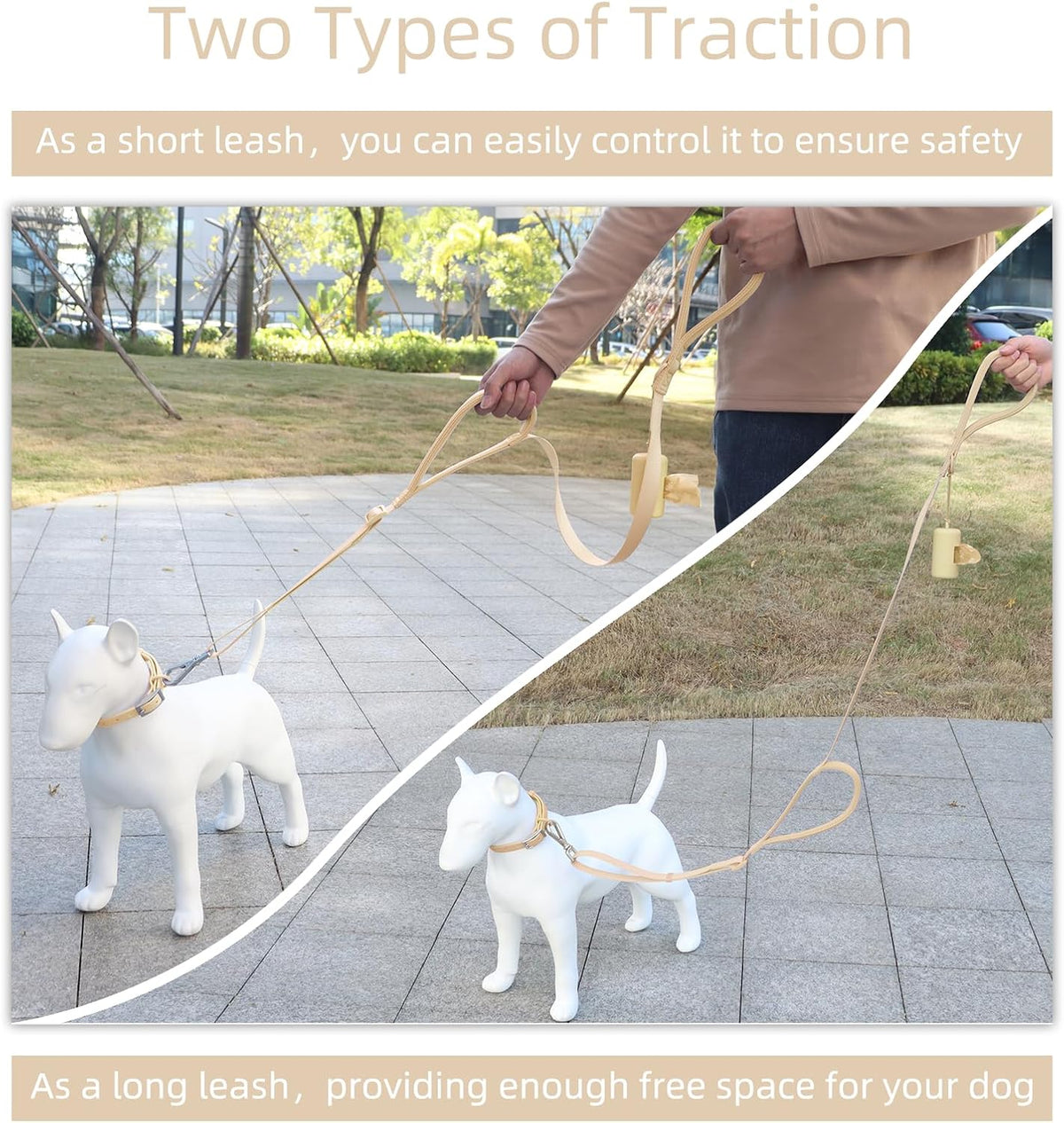 Wisedog Two Handles Dog Leash, Sand Color, S 0.8" x 4.2-5 ft