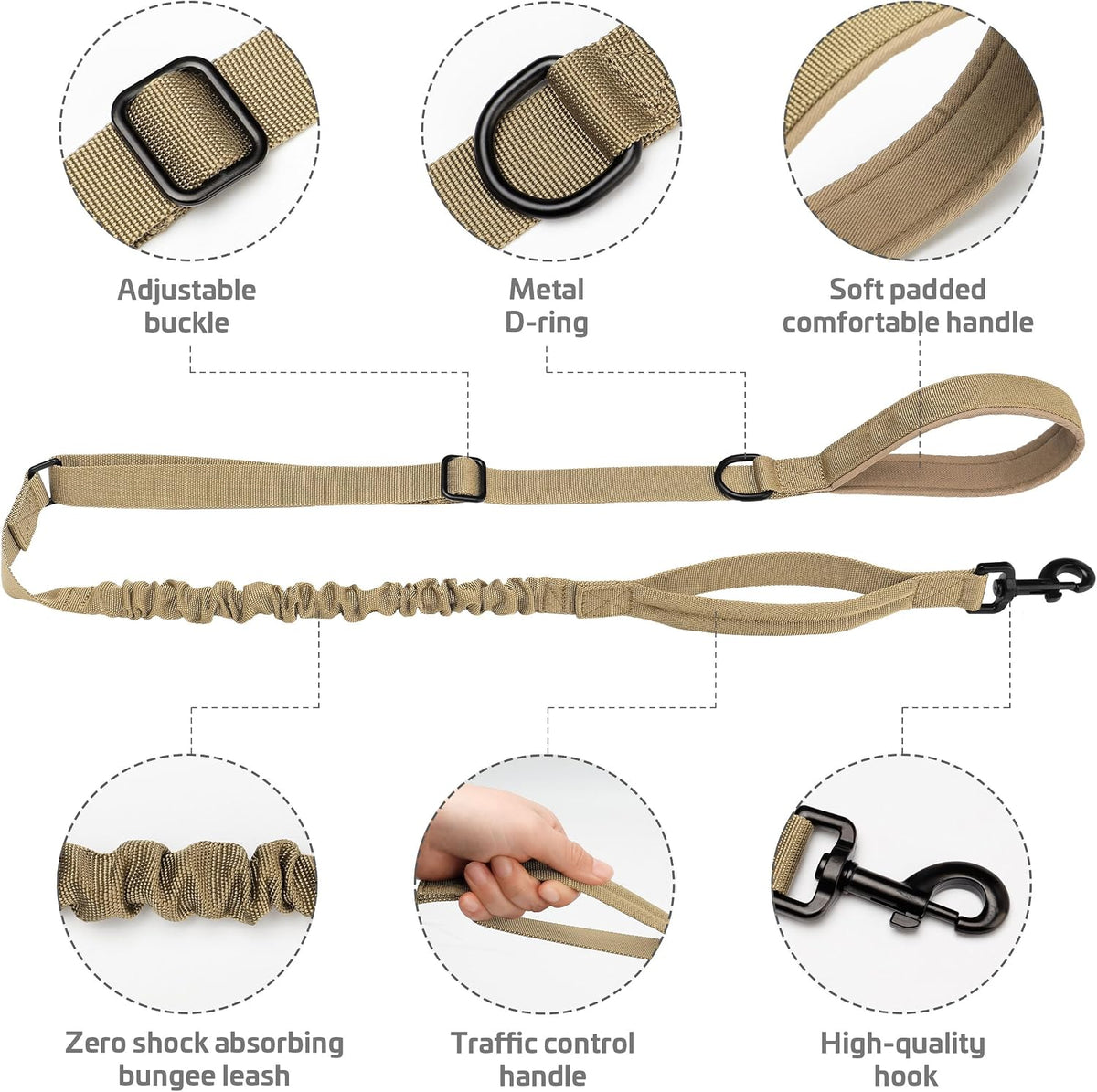 Forestpaw Tactical Dog Leash for Large Dogs, Khaki, 4-5FT