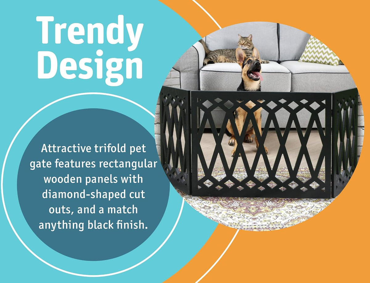 Etna 3-Panel Diamond Design Wood Pet Gate - Decorative Black Tri Fold Dog Fence for Doorways, Stairs - Indoor/Outdoor Pet Barrier - 24-48 Inches Wide x 19 Inches Tall