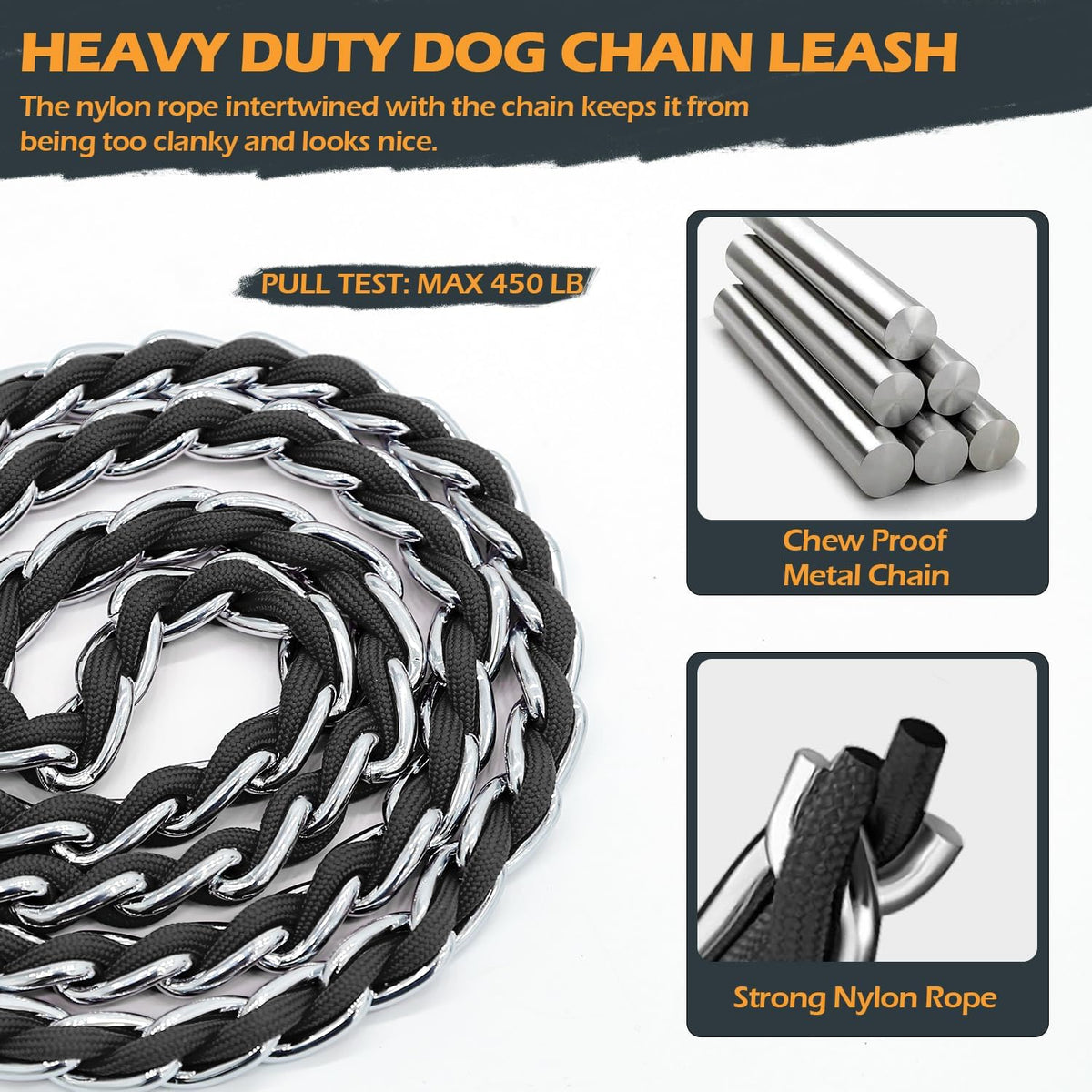 Chain Dog Leash, Bite-Proof Metal Leash, with Padded Handle，Black