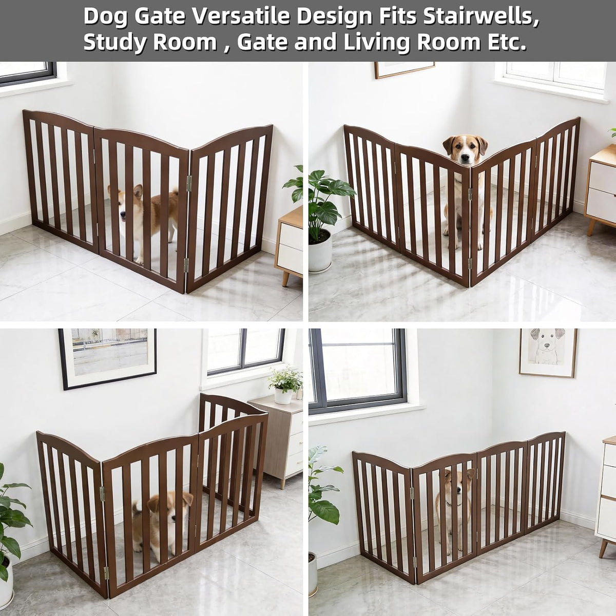 ZJSF Foldable Freestanding Indoor Dog Gate for House Wood White Long Pet Gates Dog Fence for Stairs Puppy Gates for Hallways, Puppy Gate,Support Feet Included, Brown, 24 "Height-3 Panels