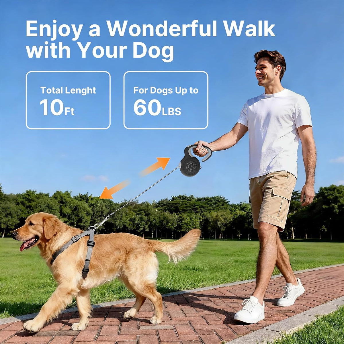 10Ft Retractable Dog Leash for Small Medium Dogs Up to 60Lbs, Auto-Locking & 360° Tangle-Free and Ergonomic Lightweight Handle