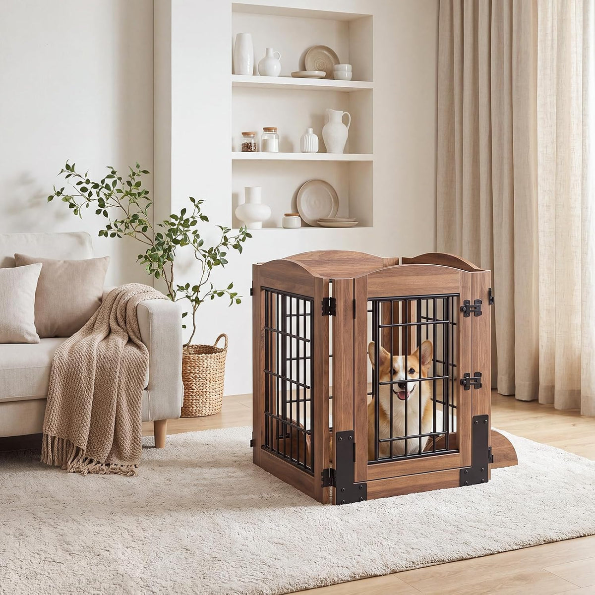 HOOBRO 4 Panels Dog Gate Indoor with Door, 24.8'' Tall Freestanding Pet Gate with 2 Support Feet, Foldable Dog Fence for Doorways, Stairs, Wooden Pet Puppy Safety Fence, Walnut BH85PP03N1