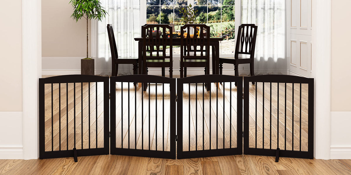 PUPETPO Freestanding Pet Gate for Dogs, Foldable Wooden Dog Gate for House, Indoor Pet Barrier for Stairs, Doorways, Support Feet Included, 24" Height 2 Panels, White