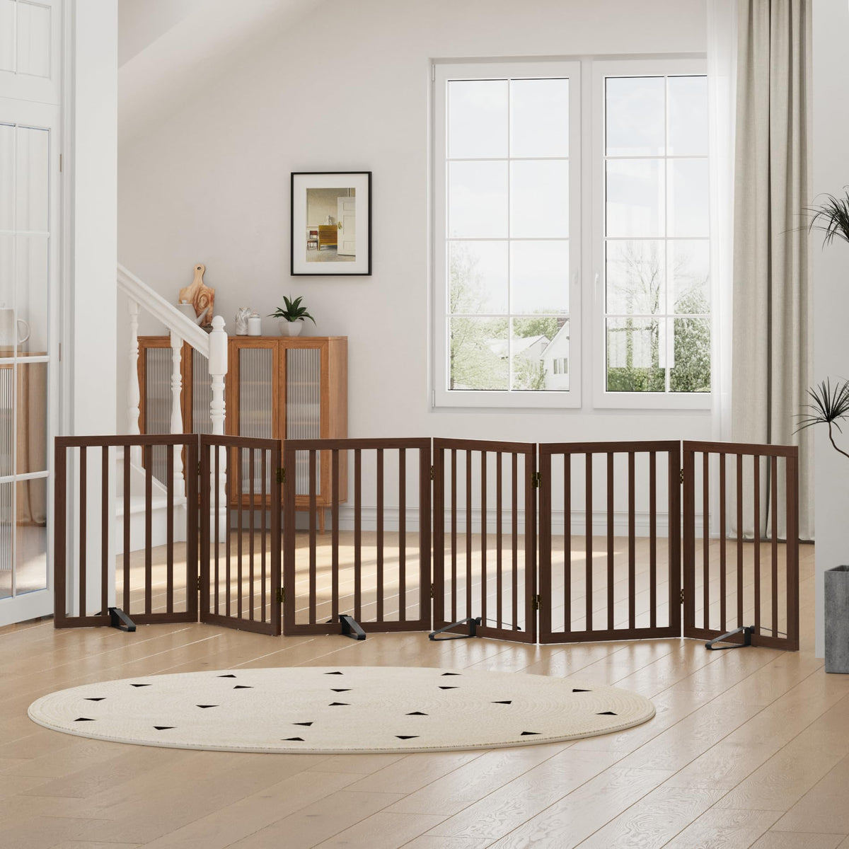 Dog Gates for Doorways, Tall Dog Gate Indoor, Foldable Pet Gates for Doorways Bedroom, Freestanding Puppy Gate with Metal Support Feet, Room Divider,3 Panels (Walnut)