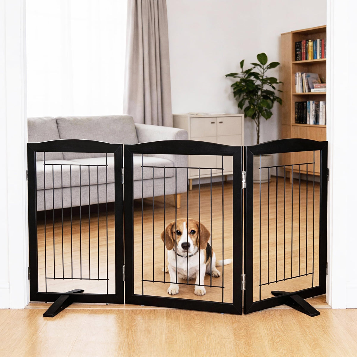 Dog Fence Indoor,Dog Gate Indoor for Doorway pet gate -3-Panel Freestanding, Hallways, House or Stairs -60x24-Inch Retractable Foldable Expandable Wood Pet by SFJC (Brown) ﻿