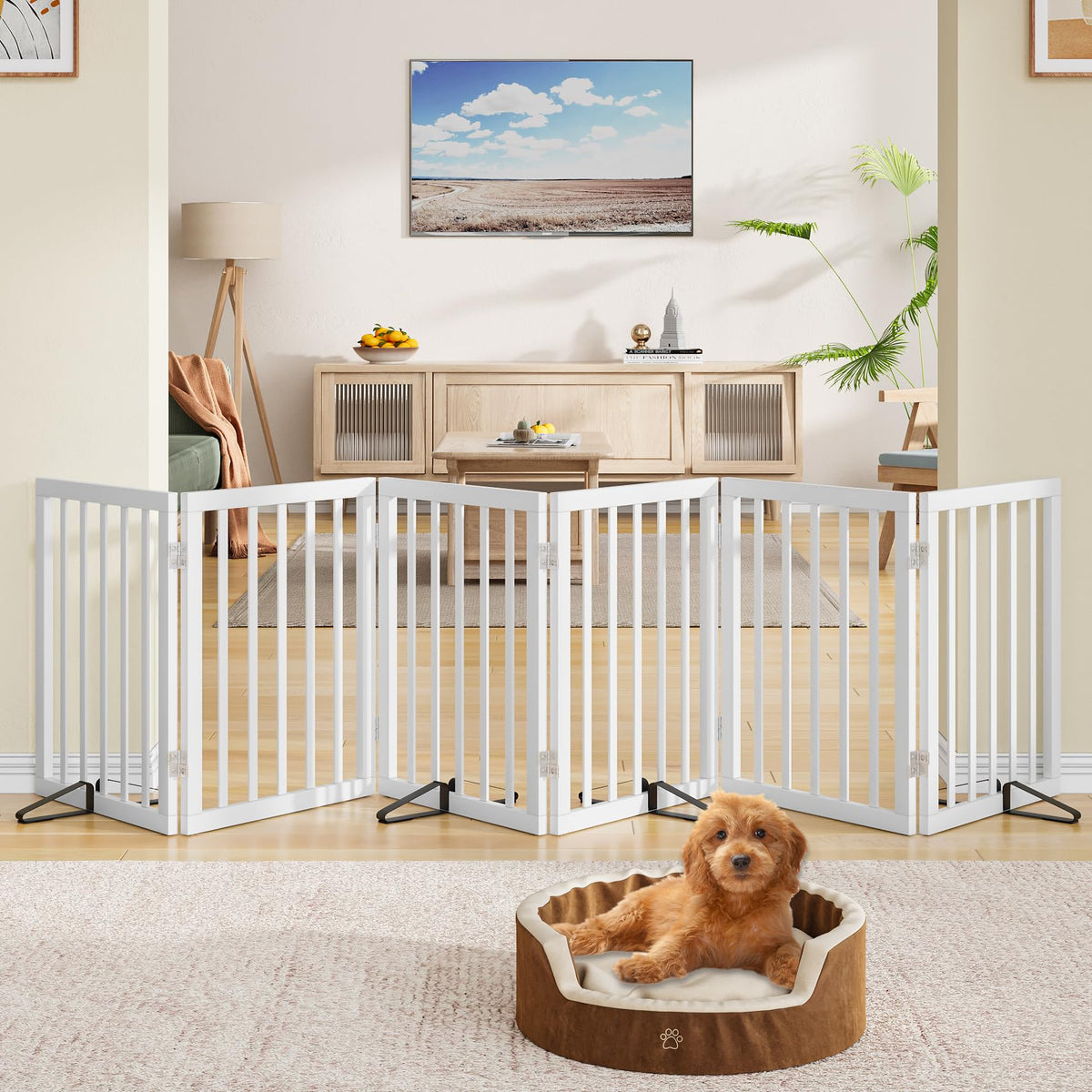 Freestanding Pet Gate Foldable Dog Gate (55 inches Wide) Walnut Bamboo Dog Gates for Stairs Doorways House (2 Support Feet Included)
