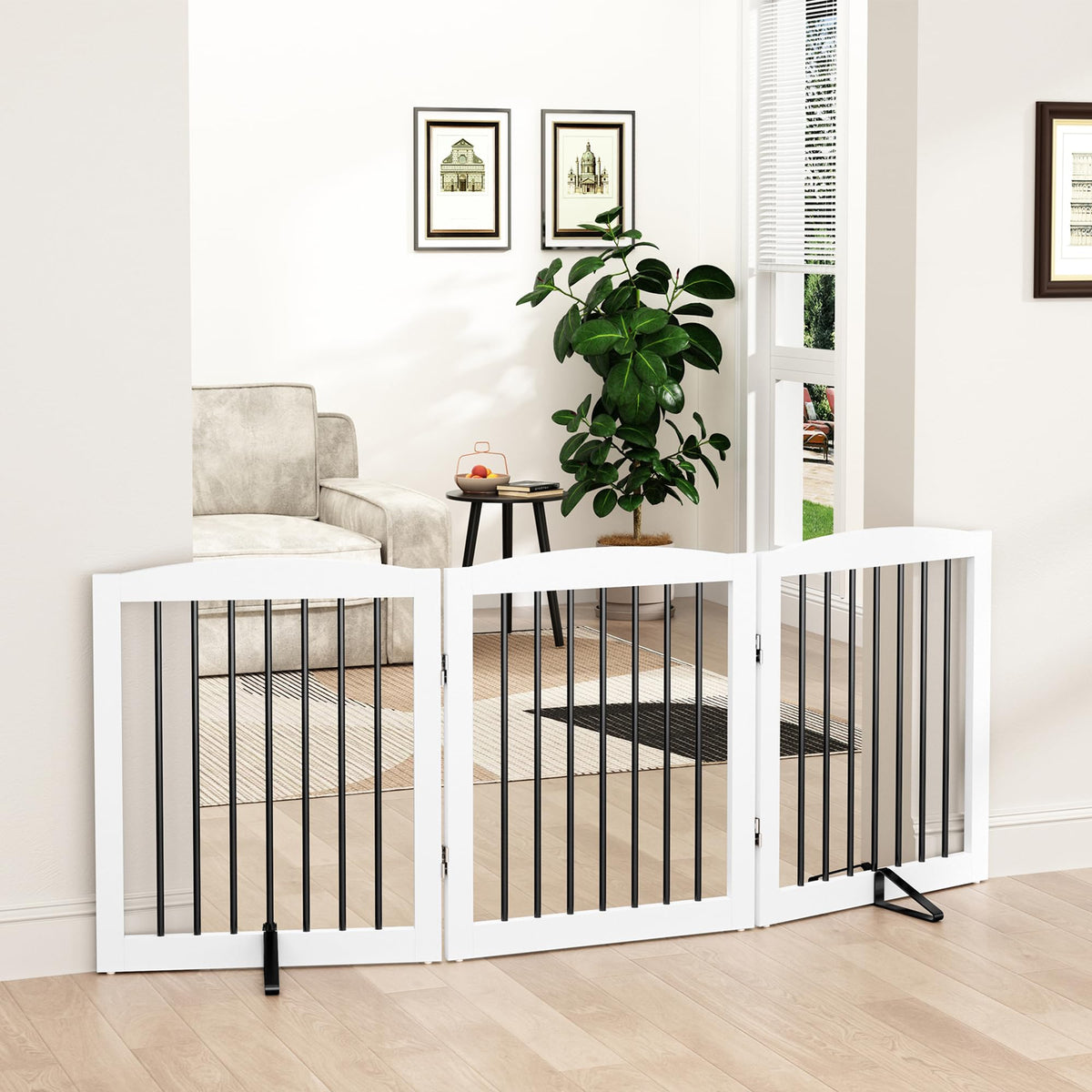 PUPETPO Freestanding Pet Gate for Dogs, Foldable Wooden Dog Gate for House, Indoor Pet Barrier for Stairs, Doorways, Support Feet Included, 24" Height 2 Panels, White