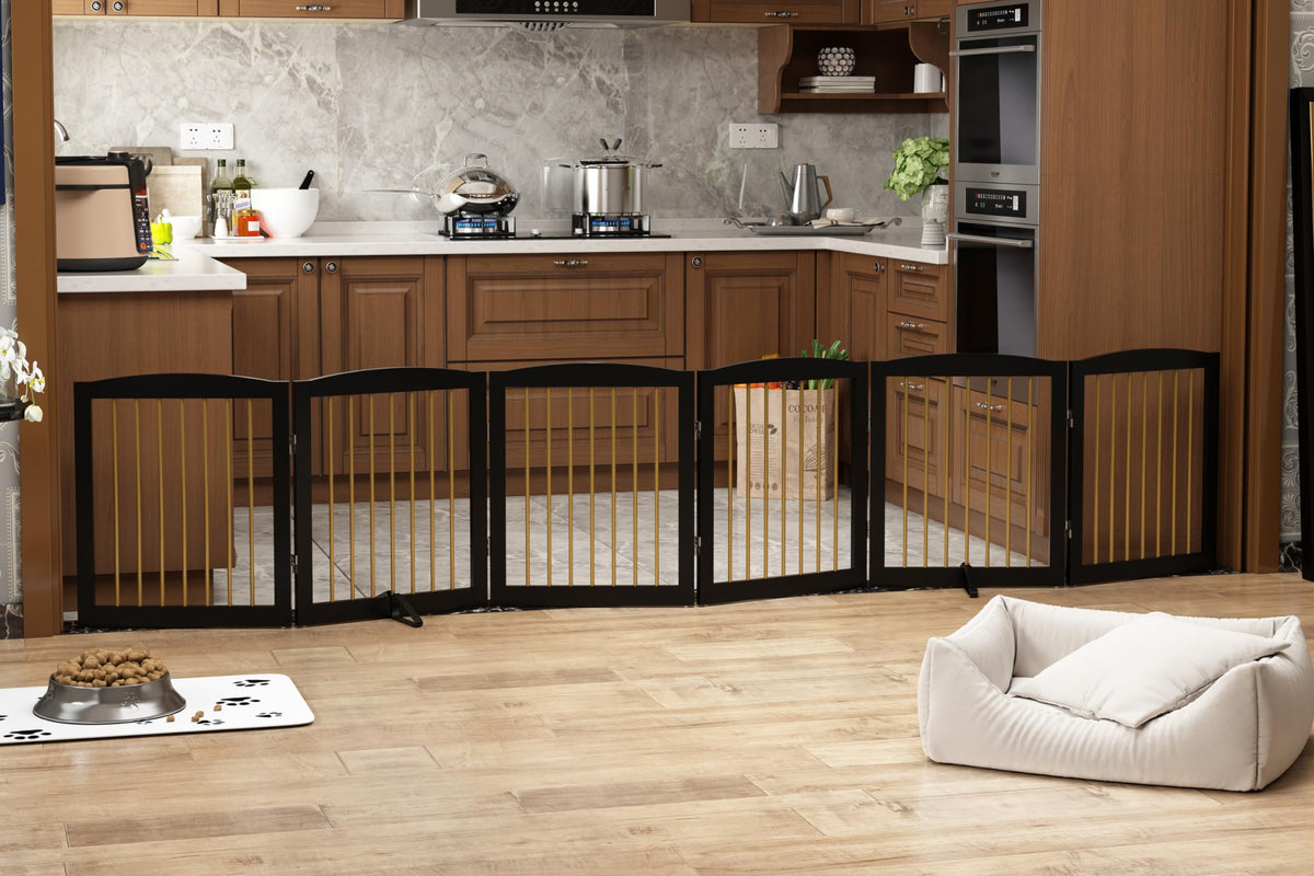 PUPETPO Freestanding Pet Gate for Dogs, Foldable Wooden Dog Gate for House, Indoor Pet Barrier for Stairs, Doorways, Support Feet Included, 24" Height 2 Panels, White