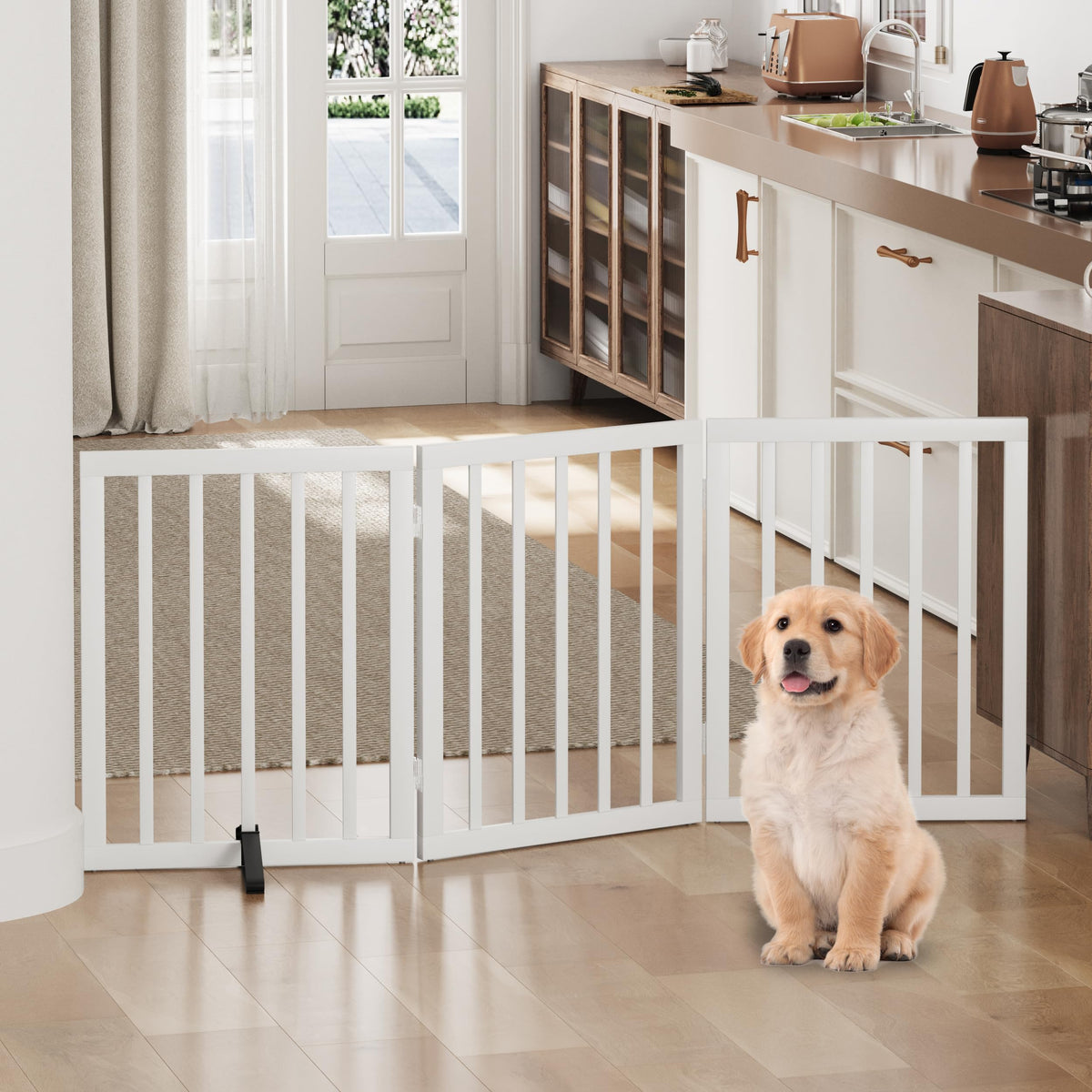 Dog Gates for Doorways, Tall Dog Gate Indoor, Foldable Pet Gates for Doorways Bedroom, Freestanding Puppy Gate with Metal Support Feet, Room Divider,3 Panels (Walnut)