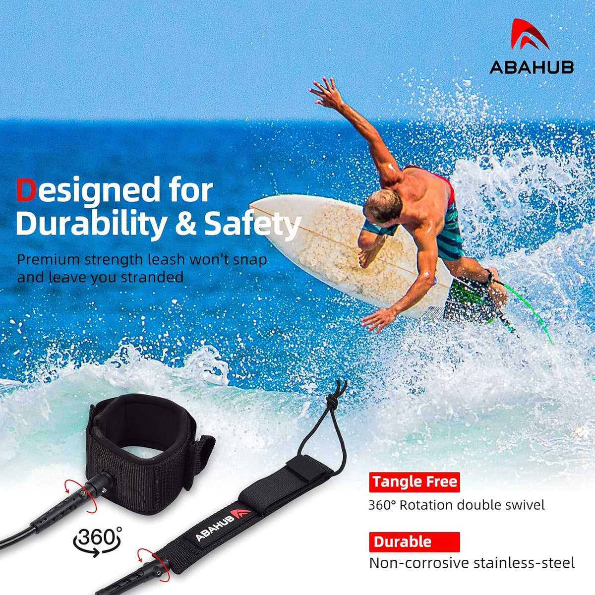 Abahub Surfboard Leash, 6/7/8/9/10 ft Straight Legrope Strap for Boards