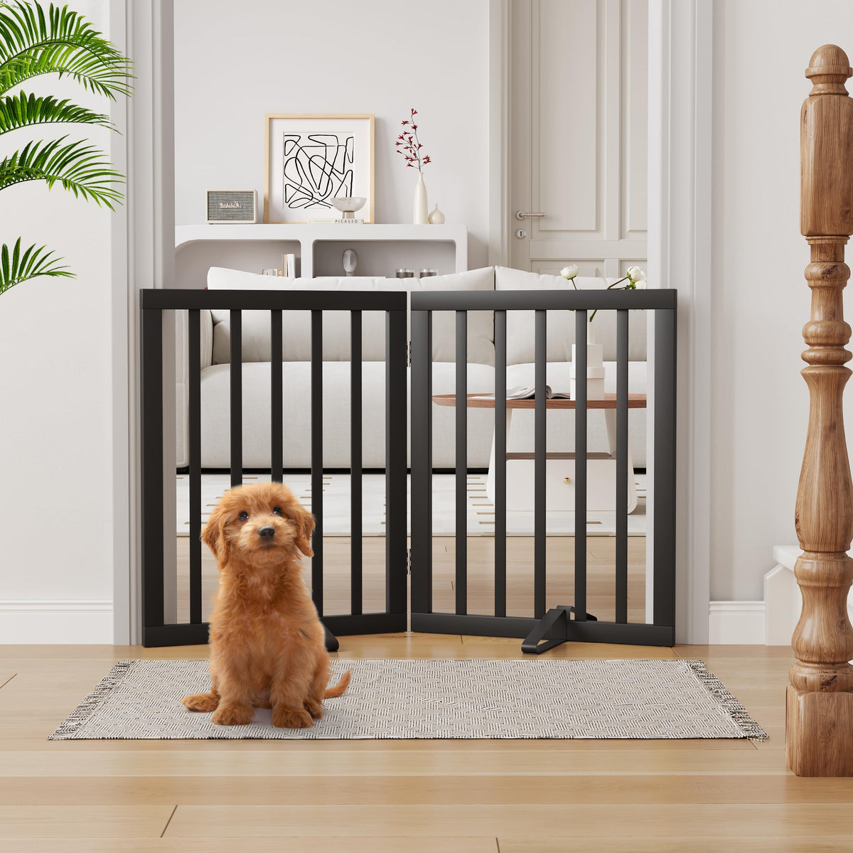 Semiocthome Dog Gate Indoor 2-Panel Freestanding Puppy Gates for The House with 2 Metal Stands 24" H Folding Wood Pet Gate for Stairs Doorway, Fully Assembled Safety Fence - Walnut