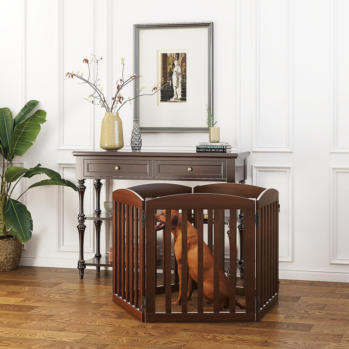 SPIRICH Wooden Freestanding Foldable Dog Gate, 120" Extra Wide 28" Tall
