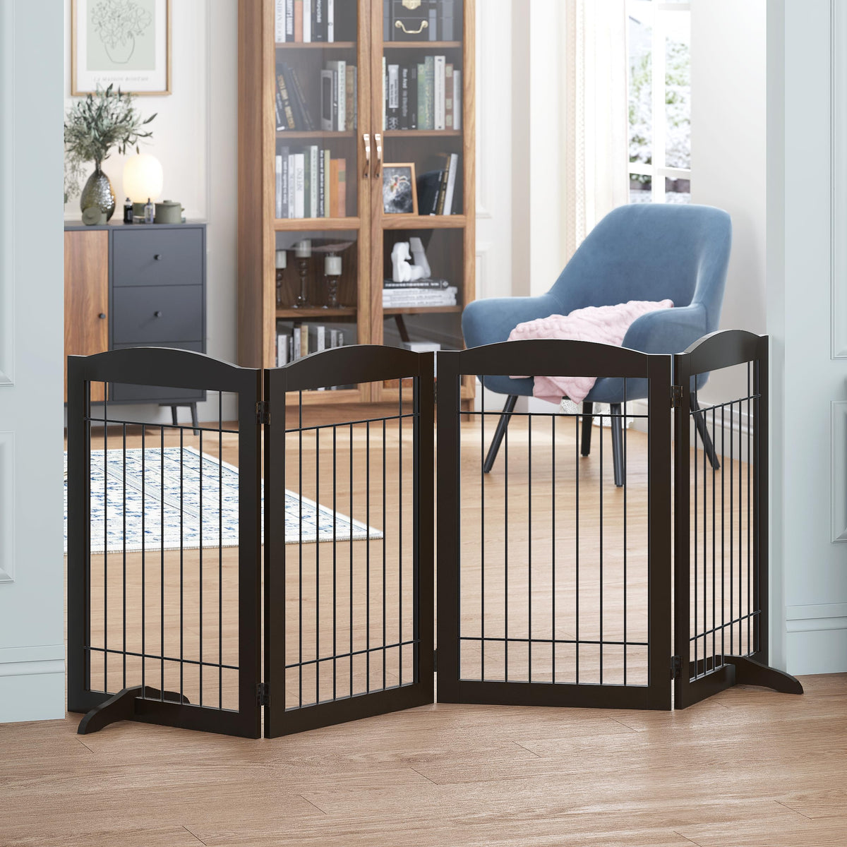 SPIRICH Pet Gate-Freestanding Dog Gate Indoor with Door, 96" Wide, 30" Tall