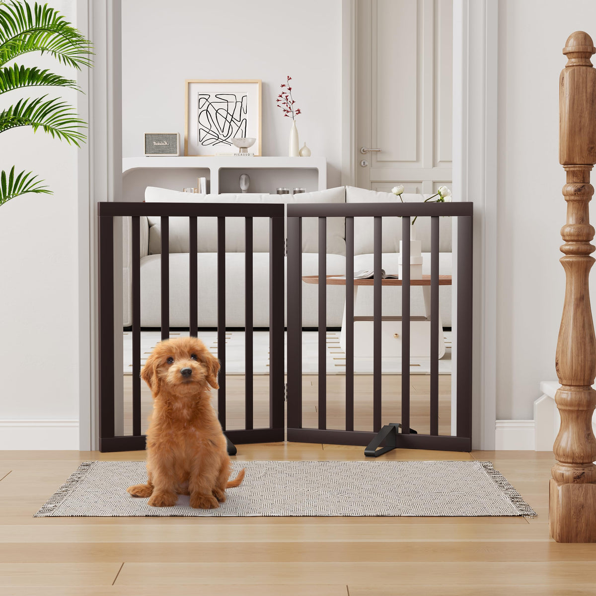 Semiocthome Dog Gate Indoor 2-Panel Freestanding Puppy Gates for The House with 2 Metal Stands 24" H Folding Wood Pet Gate for Stairs Doorway, Fully Assembled Safety Fence - Walnut