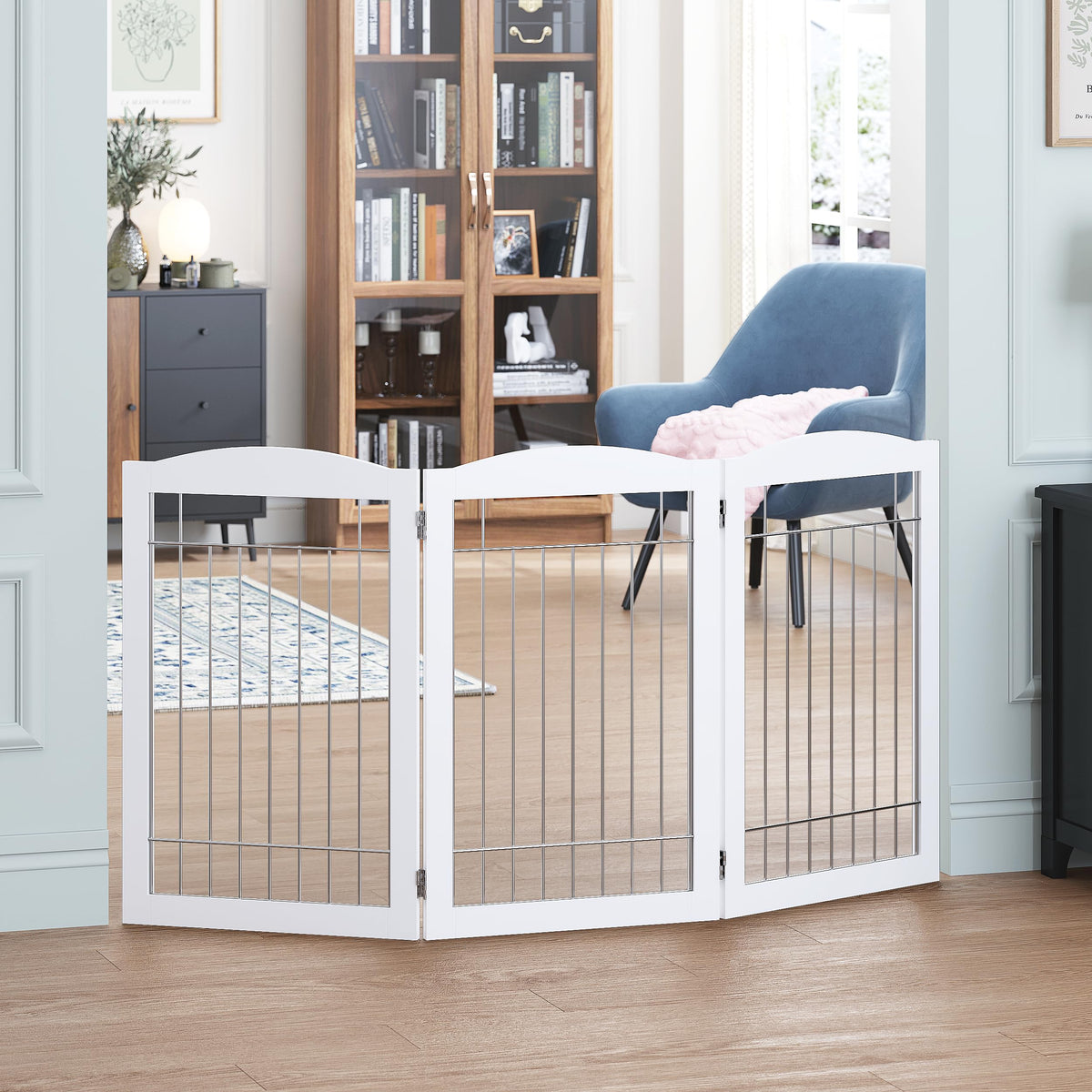 SPIRICH Pet Gate-Freestanding Dog Gate Indoor with Door, 96" Wide, 30" Tall