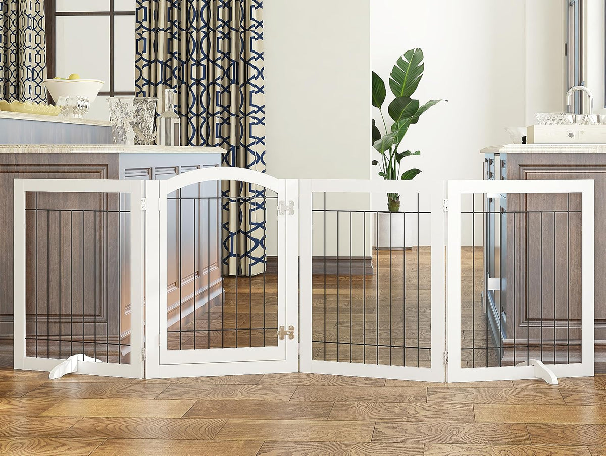 SPIRICH Pet Gate-Freestanding Dog Gate Indoor with Door, 96" Wide, 30" Tall