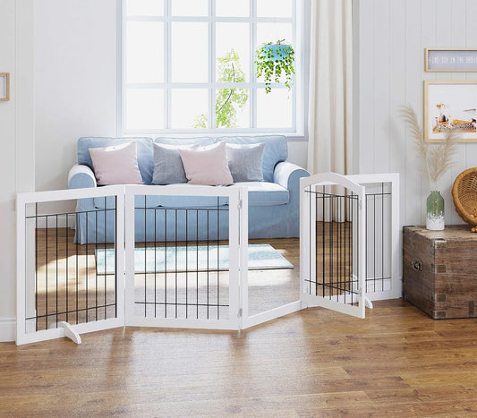 SPIRICH Pet Gate-Freestanding Dog Gate Indoor with Door, 96" Wide, 30" Tall