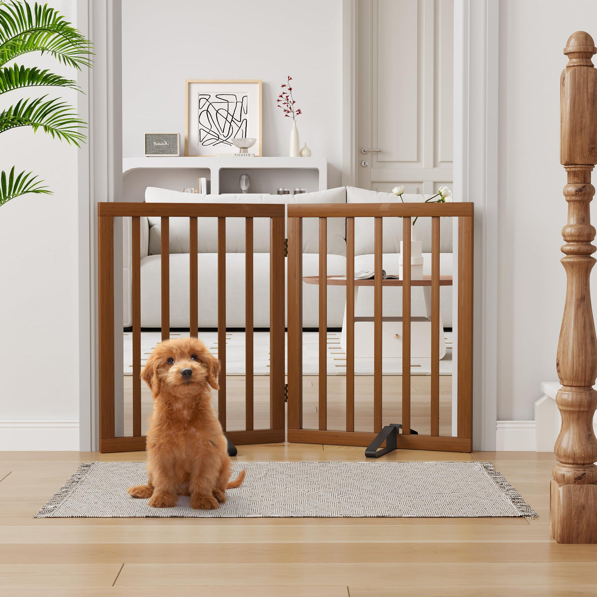 Semiocthome Dog Gate Indoor 2-Panel Freestanding Puppy Gates for The House with 2 Metal Stands 24" H Folding Wood Pet Gate for Stairs Doorway, Fully Assembled Safety Fence - Walnut