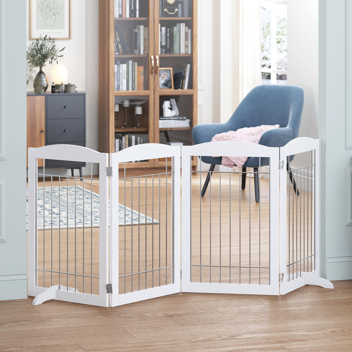 SPIRICH Pet Gate-Freestanding Dog Gate Indoor with Door, 96" Wide, 30" Tall