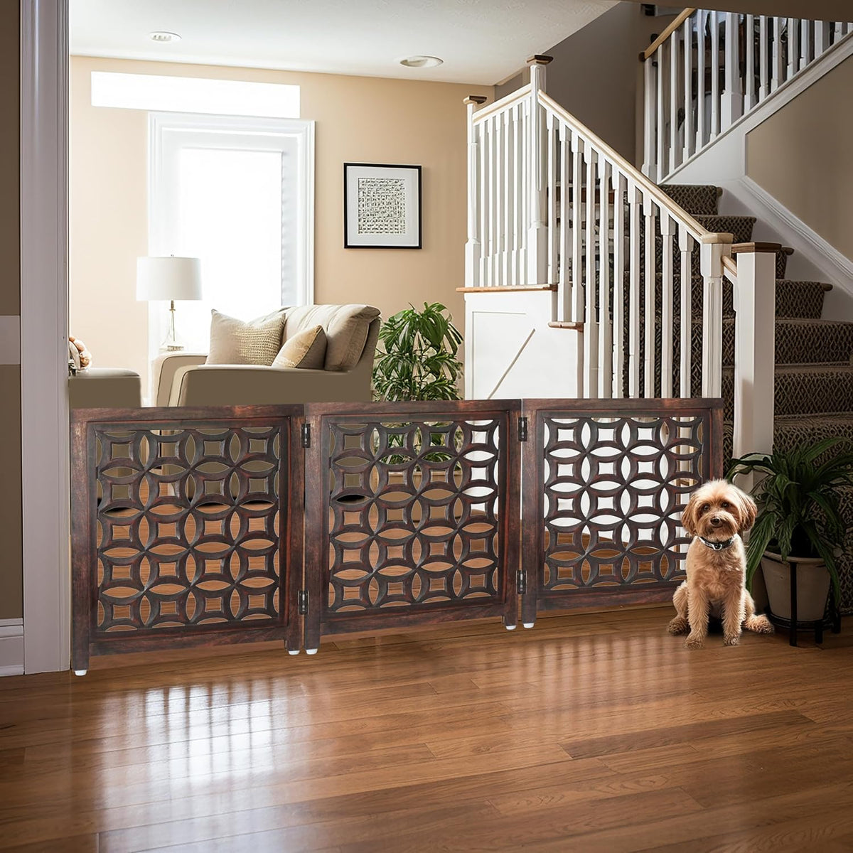 Wooden Foldable Pet Dog Gate - Hand Carved 3-Panel 60 W x 24 H