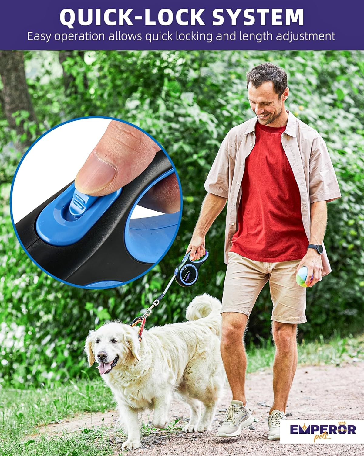 EMPEROR PETS 26.1 ft Retractable Dog Leash, for Dogs 10-110 lbs, Blue