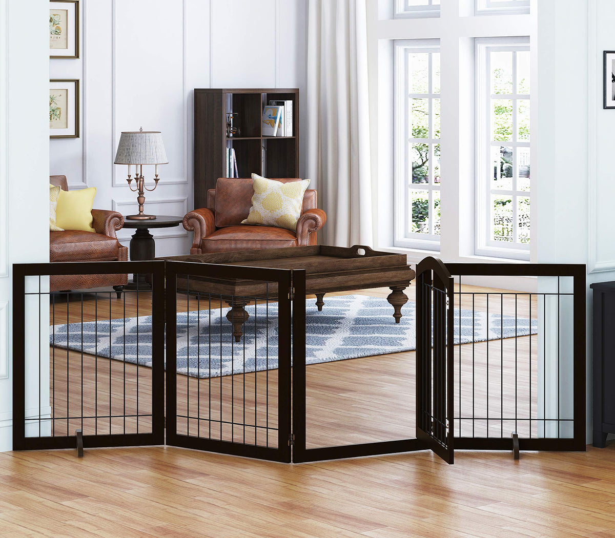 SPIRICH Pet Gate-Freestanding Dog Gate Indoor with Door, 96" Wide, 30" Tall
